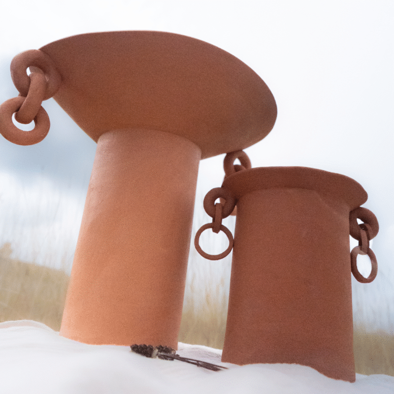 Work by Lauren from Mudfired. Her two link chain vases.